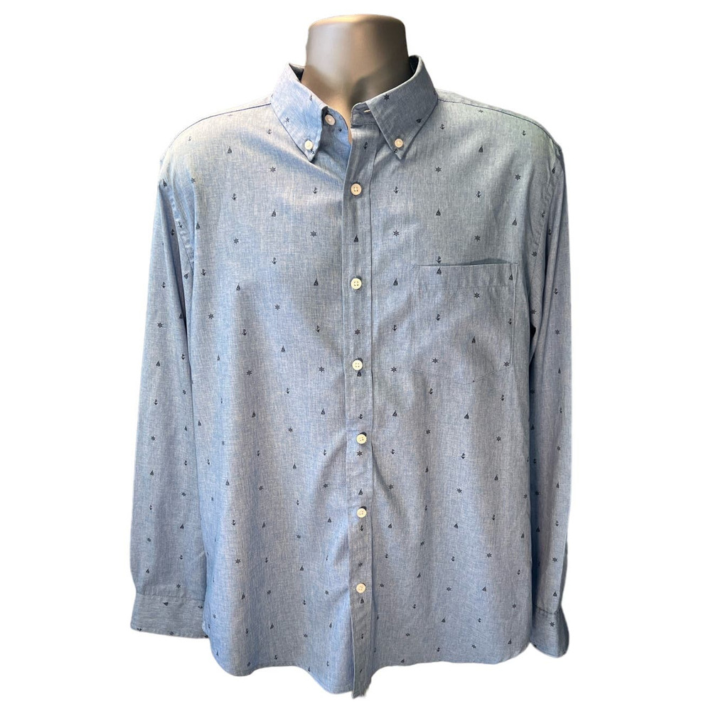 St. John's Bay Blue Nautical Novelty Print Quick Dry Button Down Size L